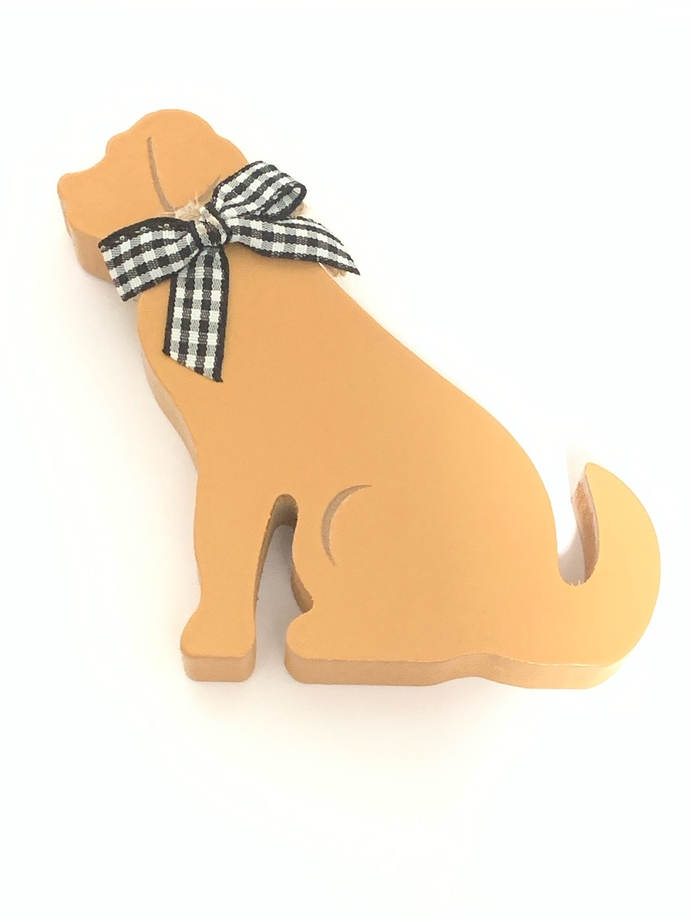 Dog Silhouette Wooden Decor in Tan with Checkered Bow